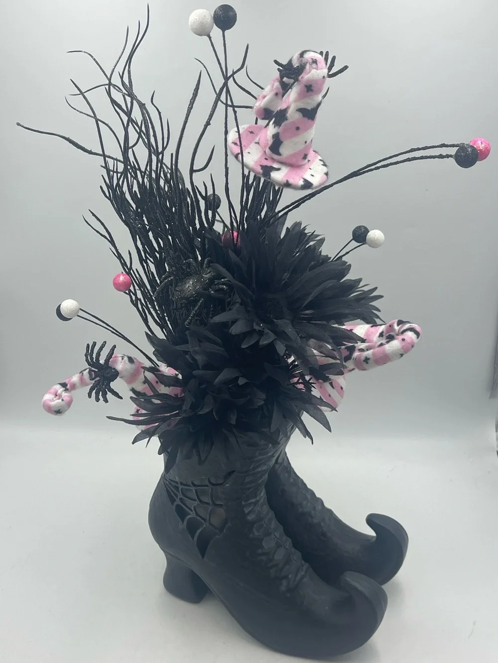 Gothic Halloween Centerpiece Witch Boots Plastic Vase w/Pink Hats & Faux Florals